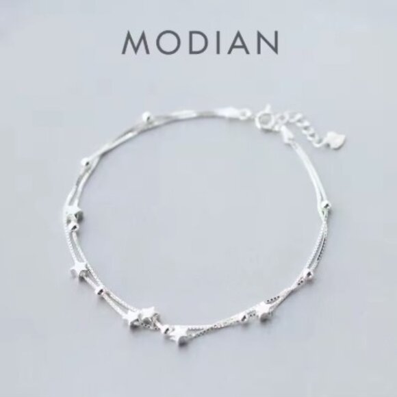Anklet Jewelry - Modian Double Layer Sterling Silver Stars & Beads Anklet NEW